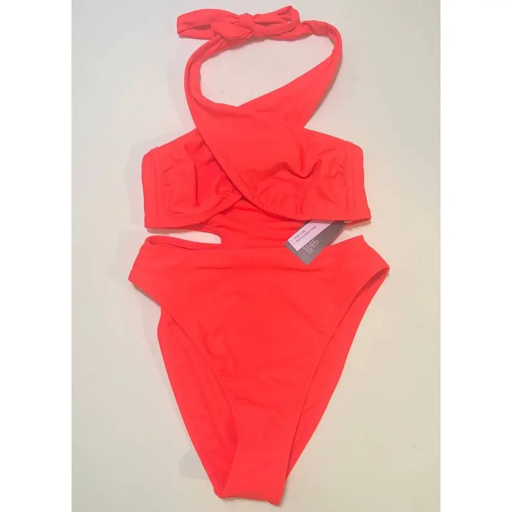 Wild Fable Cross Front Halter One Piece Swimsuit Coral NWT Size XS - Picture 2 of 6